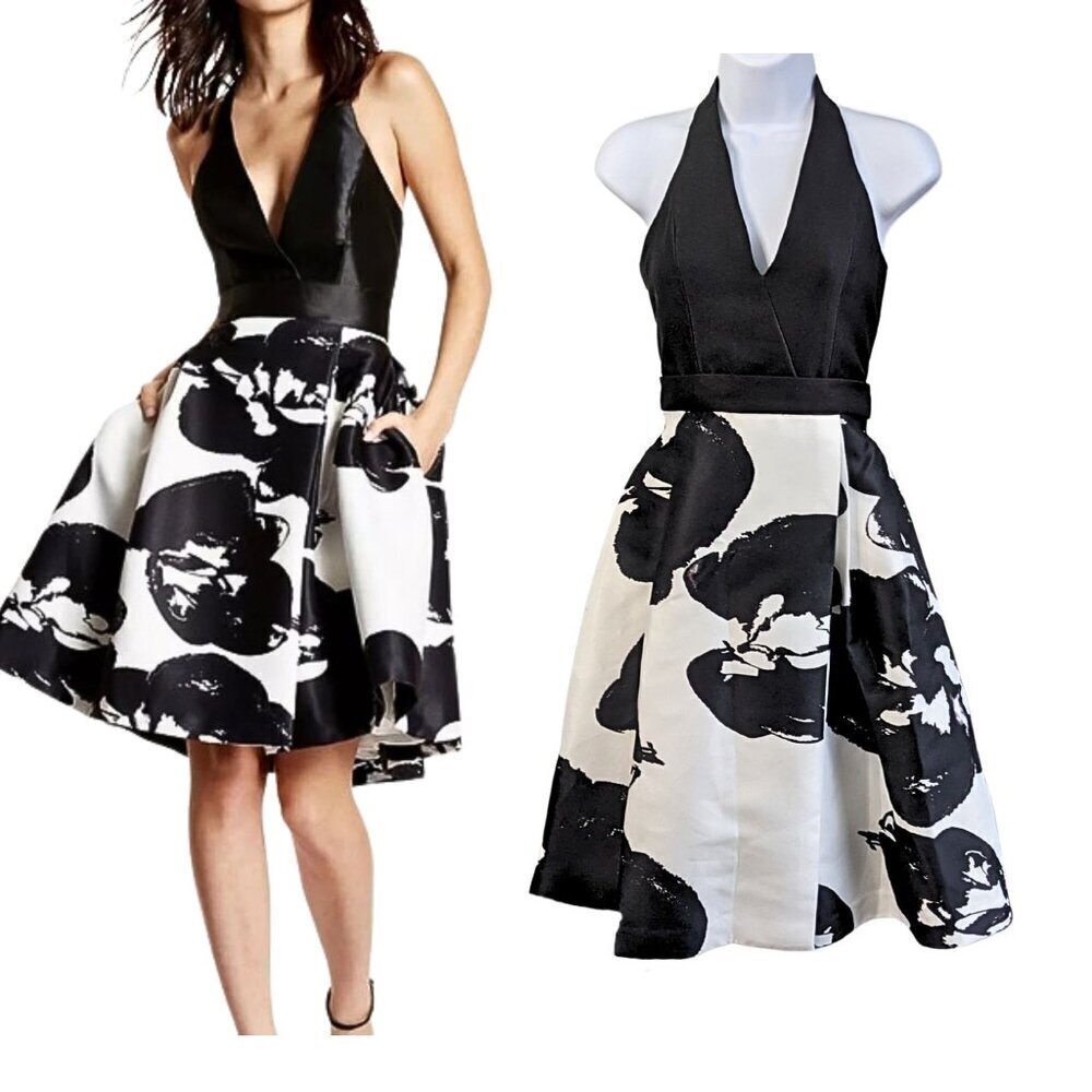 NWT HALSTON HERITAGE Abstract Orchid Print Structured Halter Fit&Flare Dress Sz4 - Picture 1 of 9
